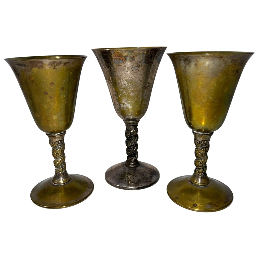3 Vintage‎ Brass Silver Plate Goblets Made In Spain